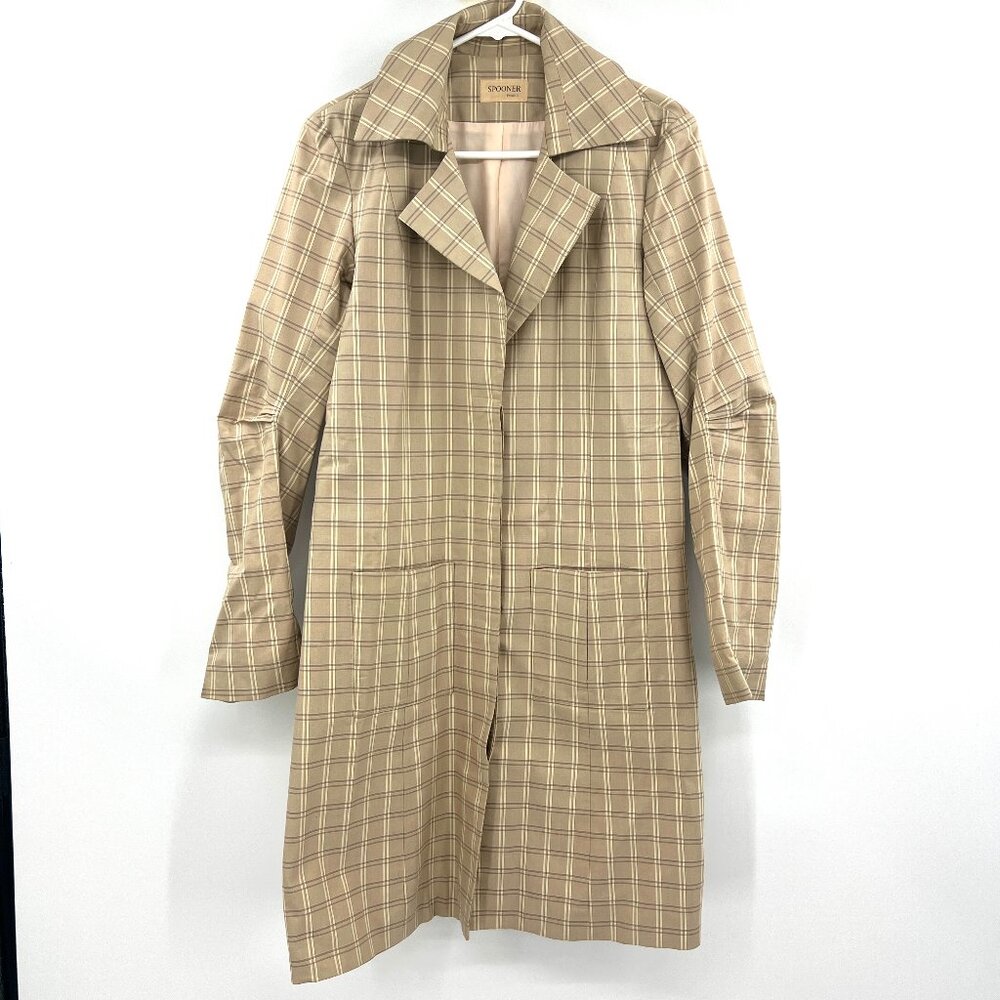 Spooner Prague Plaid Tan Long Jacket Coat Lightweight Tailored Vintage Small